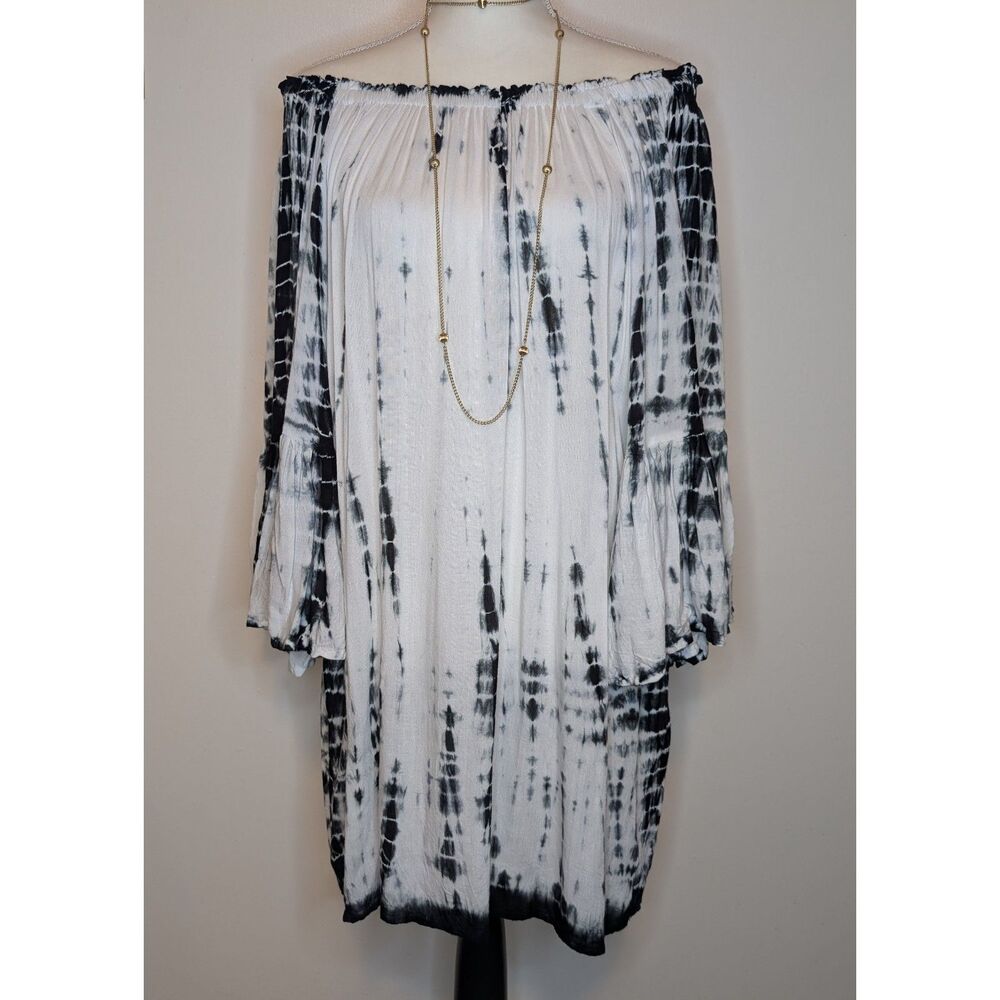 Raviya Black & White Tie Dye Off-the-Shoulder Swim Cover-Up Dress Medium